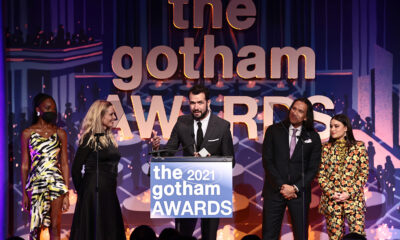 Monica Hellström (L) and Jonas Poher Rasmussen (C) accept the award for Best Documentary Feature at the 31st Gotham Awards, Nov. 29, 2021, NYC. (Photo: Dimitrios Kambouris/Getty Images for The Gotham Film & Media Institute)