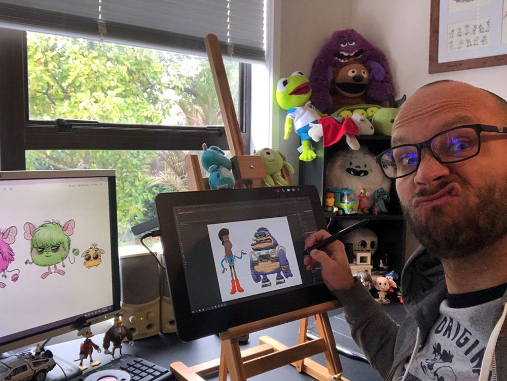 Showrunner/designer and Mukpuddy co-founder Alex Leighton puts on some finishing touches while working from home, surrounded by inspiring characters. 