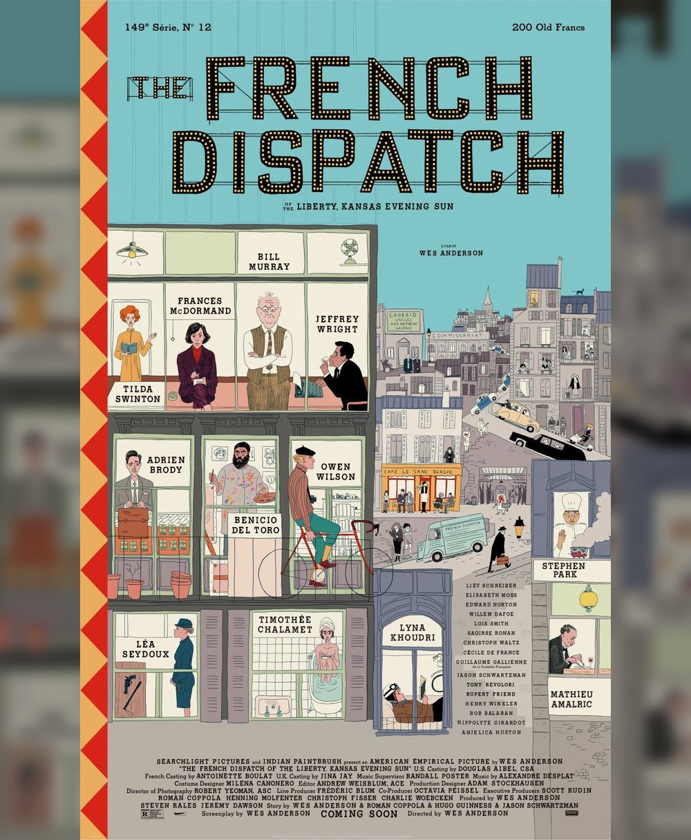The French Dispatch poster, featuring artwork by Catalonian illustrator Javi Aznarez.