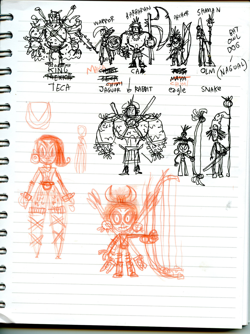 A page from Jorge Gutiérrez's sketchbook, showing character concepts for Maya and the Three.