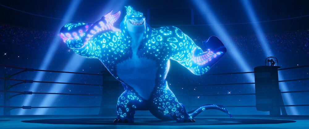  Terry Crews voices the reigning Monster Wrestling champion Tentacular, a shark-headed kaiju who brings his own bioluminescent lightshow to the ring in Rumble. 