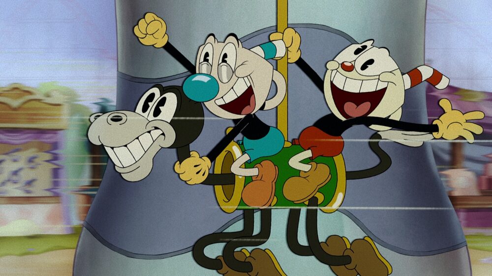 The Cuphead Show! follows the drinkware duo Mugman (left, voiced by Frank Todaro) and Cuphead (Tru Valentino) on their wiggly, wacky adventures.