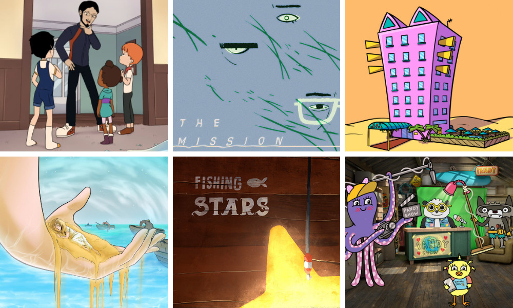 Top L-R: Stories of Glas (Germany), The Mission (Belgium), The Cat Hotel (Spain); Bottom L-R: The World of Las (Italy), Fishing Stars (Italy), Pandy Show (Croatia).