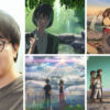 Makoto Shinkai; clockwise from top left: The Garden of Words, Your Name., Children Who Chase Lost Voices, Weathering With You
