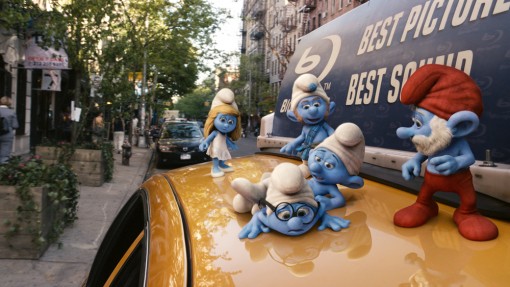 Smurfette, Gutsy, Clumsy, Brainy and Papa Smurfs in Columbia Pictures' THE SMURFS.